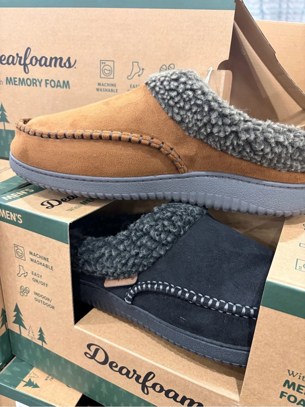 dearfoams Men’s Brown Faux-Shearling Moccasin Slip-On memory foam new